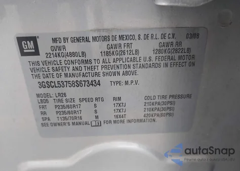 2008 Saturn Vue V6 Xr z USA, uszkodzony, nr VIN 3GSCL53758S673434